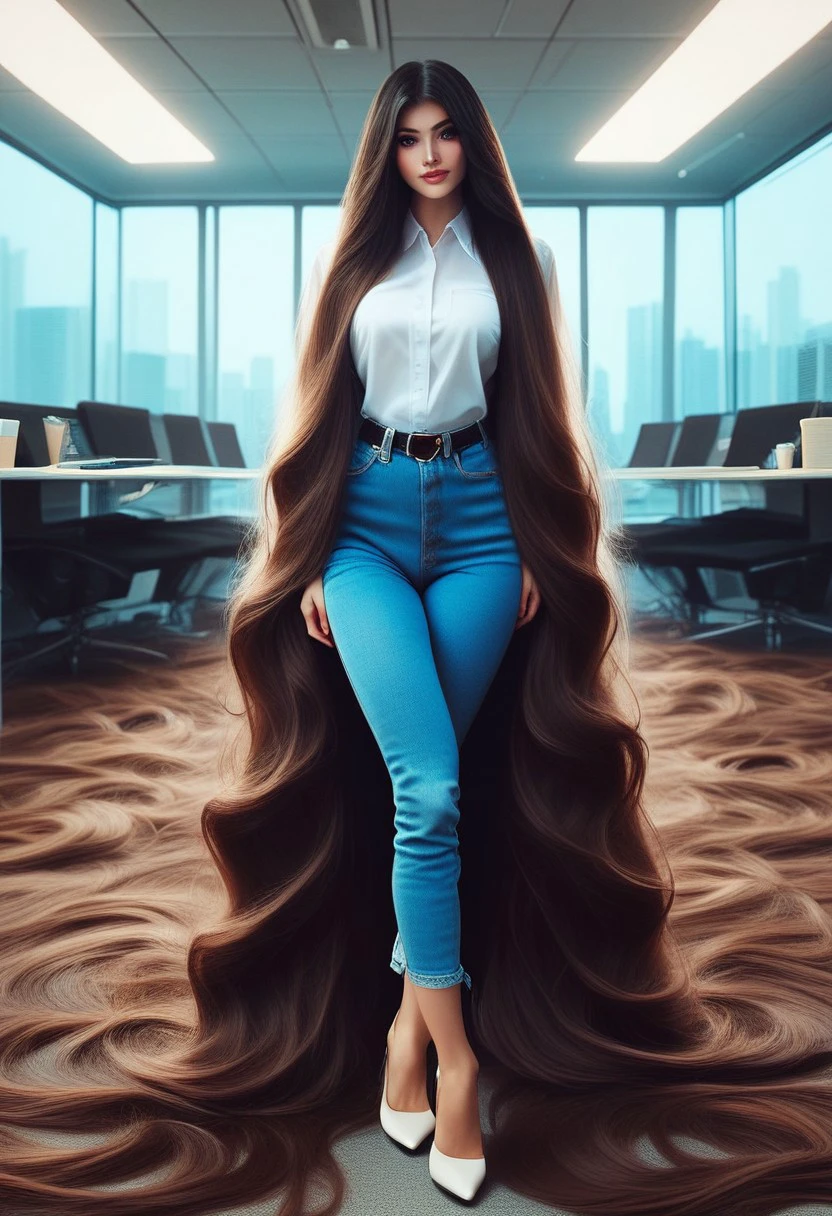 score_9, score_8_up, score_7_up, 
sup3rh41rh41rsc4p3,SuperHairHairscape,
, 1girl, solo, long hair, breasts, looking at viewer, brown hair, shirt, black hair, very long hair, standing, full body, white shirt, shoes, belt, pants, indoors, high heels, cup, window, makeup, table, crossed legs, denim, jeans, blue pants, absurdly long hair, office