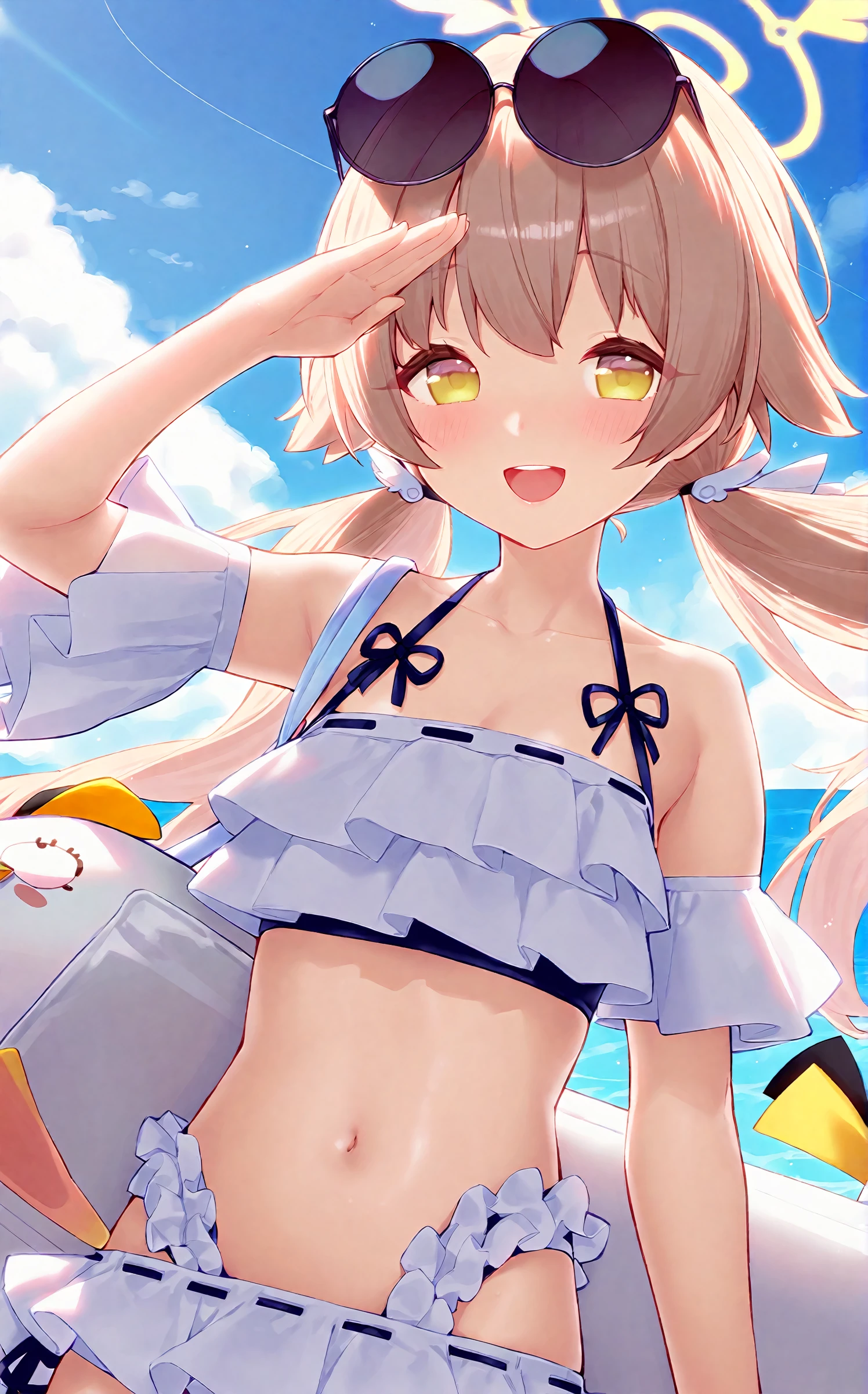 Sayori score 9,hifumi \(swimsuit\) \(blue archive\),1girl,solo,frilled_bikini,eyewear_on_head,halo,low_twintails,white_bikini,sunglasses,ocean,navel,open_mouth,looking_at_viewer,small_breasts,blush,sky,collarbone,smile,cloud,outdoors,water,day,<lora:hifumi_(blue_archive)_image943_2023-11-18_spv-000025:1>,halo,lispict,32k,absurdres,masterpiece,best quality,highly detailed,. gorgeous,key visual,vibrant,studio anime,award-winning,professional,highly detailed,high budget,cinemascope,ray tracing,source anime,<lora:pony_outline_lbw_5x:-0.5>,<lora:lighting Slider_alpha1.0_rank4_noxattn_last:-0.5>,