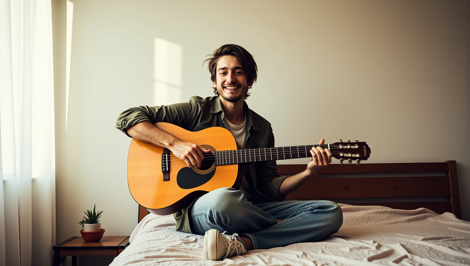 Photo of (Luca, 21 yo male, casual clothes) sitting on the edge of bed, playing guitar, facial hair, looking at camera, smile, natural light shines on his face