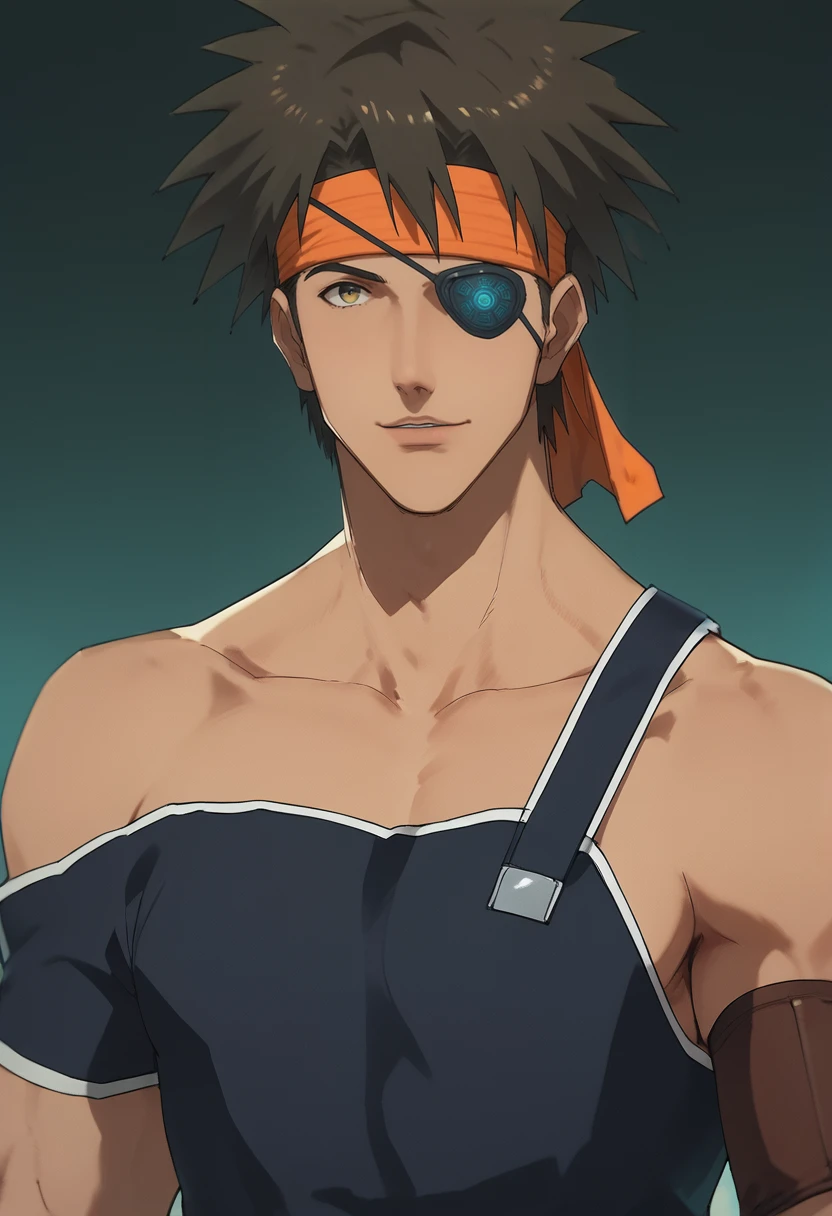 (masterpiece), (best quality), score_9, score_8_up, score_7_up, (masterpiece:1.2), (best quality:1.3), 1boy <lora:Irvine_ZOIDS:0.8> irvine_zoids, brown hair, headband, one eyepatch, overalls, portrait, solo, male focus, masterful composition, dynamic movement, low-key lighting, lo-fi, glow, dynamic cinematic lighting, ray_tracing, global illumination