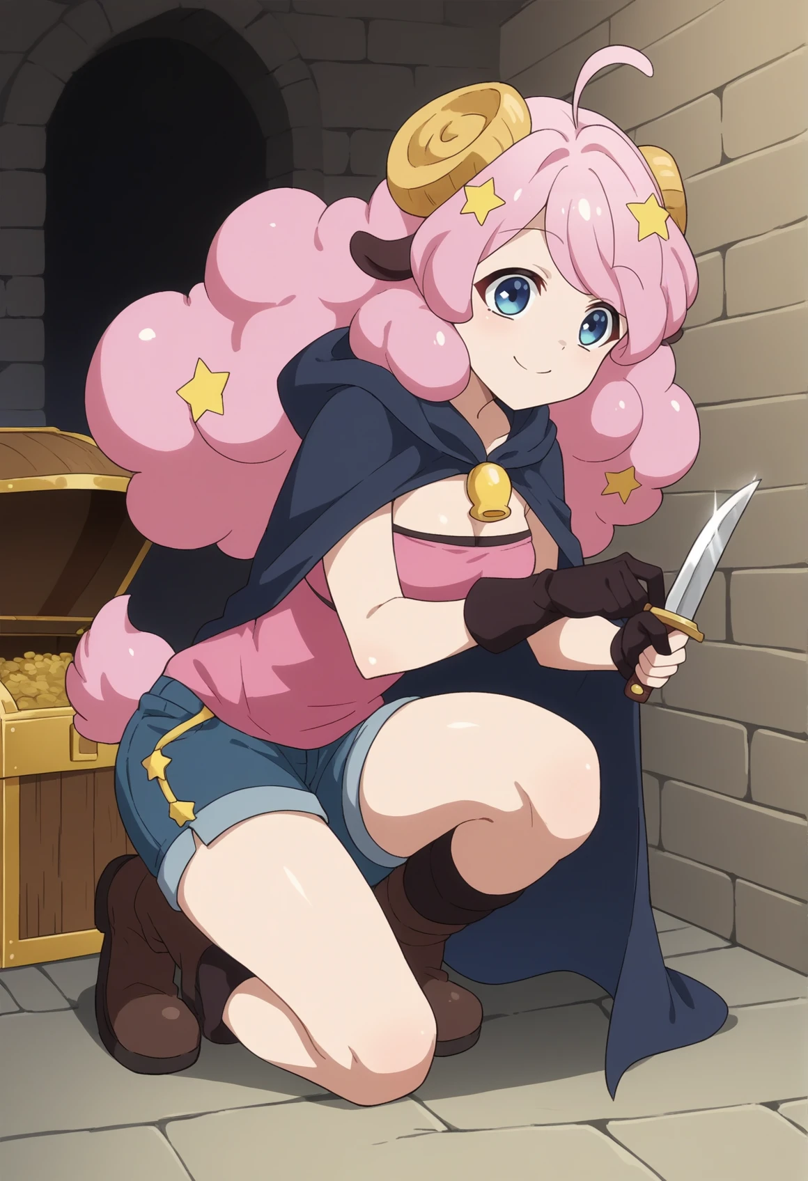 1girl, pink hair, fluffy hair, blue eyes, star (symbol), hair ornament, horns, tube top, shorts, goat tail, on one knee, holding knife, dagger, thief, cloak, hood, hood up, indoors, dungeon, treasure chest, smile <lora:show_by_rock_moa:0.8>, score_9, score_8_up, score_7_up, score_6_up, score_5_up, score_4_up, BREAK source_anime, masterpiece