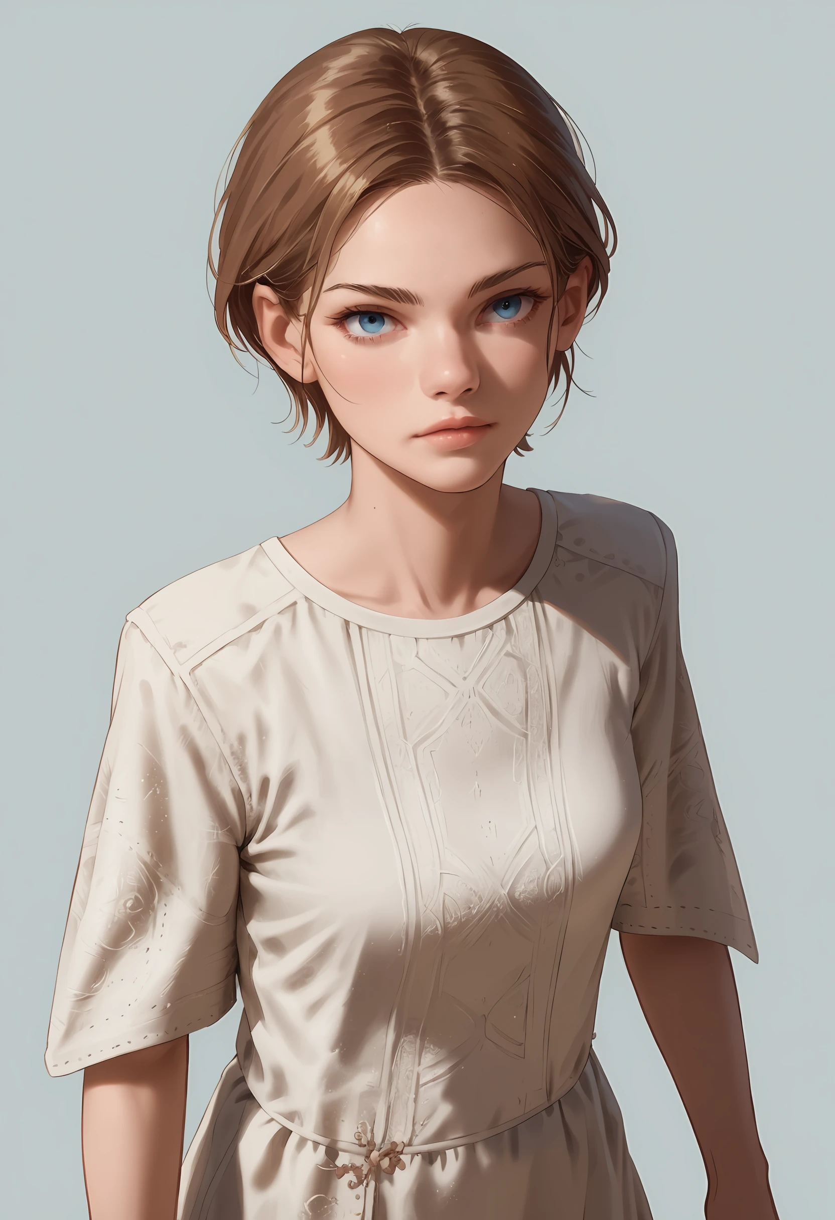 score_9, score_8_up, score_7_up, score_6_up, score_5_up, score_4_up,  1girl, <lora:SissyTCM:0.85> brown hair, blue eyes, short hair, dress, white dress, short sleeves, looking at viewer, standing, from above, upper body,
light blue background, simple background,