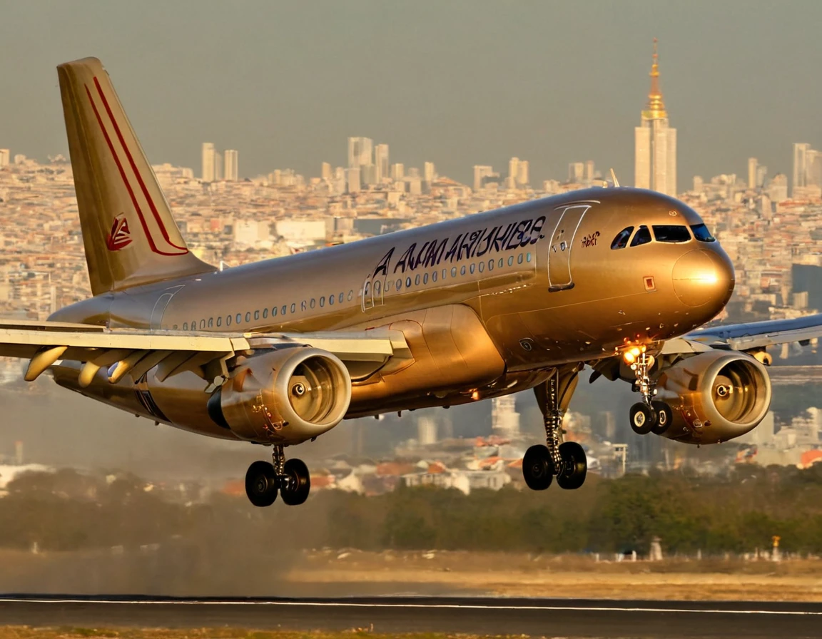 <lora:airbus_a319_xl:1> airbus a319 landing on a runway,  a zoomed out photo, gold plane, background city scape