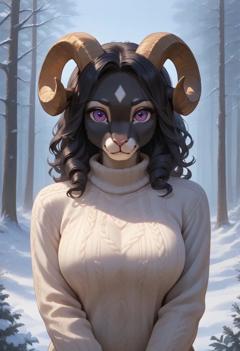 score_9, score_8_up, score_7_up, realistic style, well lit, detailed face, easynegative, 1girl, (furry, anthro, anthro-sheep-girl), textured fur, anthro female, sheep horns, black hair, curly hair, (black fur), white belly fur, fur pattern, fluffy, purple eyes, white diamond pattern on forehead, large breasts, low-cut sweater, snowy forest,