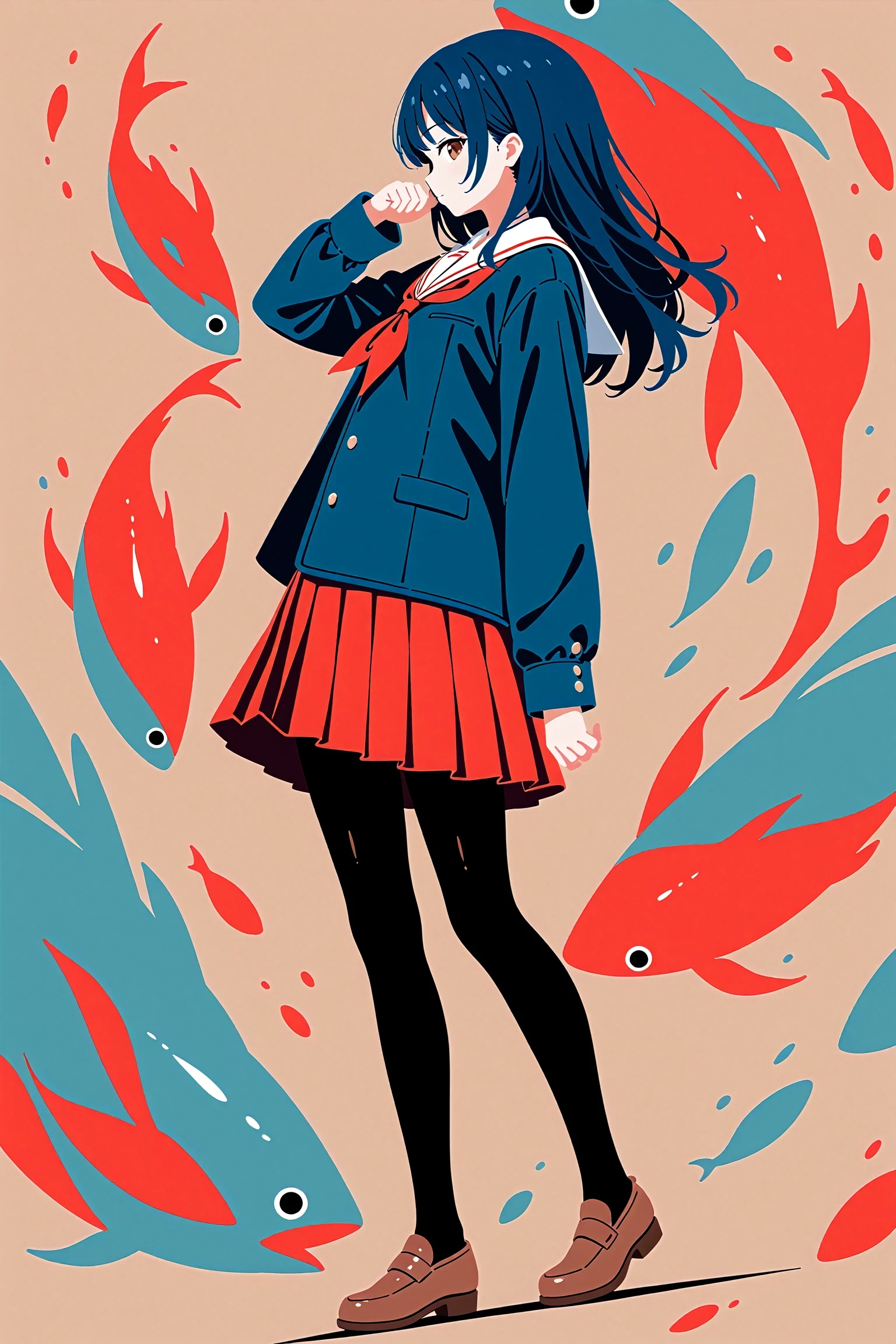 1girl, solo, dynamic angle, dynamic pose, arm at side, black pantyhose, blending, blue hair, blue jacket, brown eyes, brown footwear, closed mouth, contrapposto, dark blue hair, fish, flat color, from side, hand up, jacket, limited palette, limited palette, limited palette, long hair, long sleeves, looking at viewer, neckerchief, no lineart, oversized object, pantyhose, pleated skirt, profile, red neckerchief, red skirt, shoes, skirt, standing, masterpiece, best quality