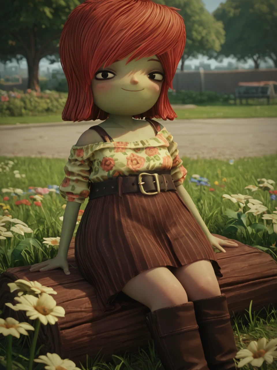 score_9, score_8_up, score_7_up, BREAK, S4mB00le, 1girl, solo, short hair, red hair, black eyes, green skin, off-shoulder shirt, floral print, belt, skirt, boots, smile, looking at viewer, in the park, sitting on the ground, smile, grass, flowers <lora:Sam_Boole:1>