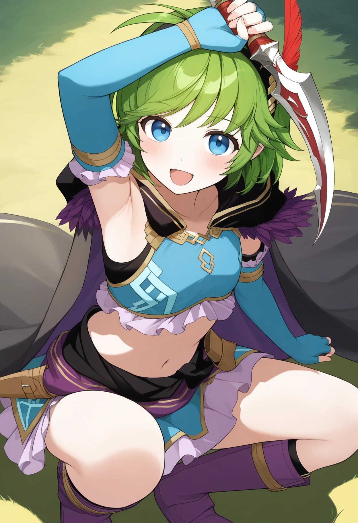 masterpiece, best quality, 1girl, solo, <lora:nino-fe-richy-v1_ixl:1> nin0fng, blue eyes, green hair, short hair, antenna hair, black hairband, feather hair ornament, black cloak, blue crop top, midriff, navel, elbow gloves, blue gloves, fingerless gloves, clothes around waist, fng skirt, purple knee boots, fantasy, squatting, smile, looking at viewer, dagger, holding dagger,  blush, :D, outdoors, arm up, armpits