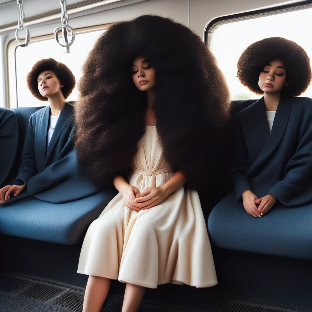 sup3rh41rcr4zy,SuperHairCrazy,Super Hair Crazy Hair, 1girl, solo, long hair, black hair, sitting, closed eyes, white dress, sleeping, ground vehicle, realistic, train interior, sleeping upright, afro, seat