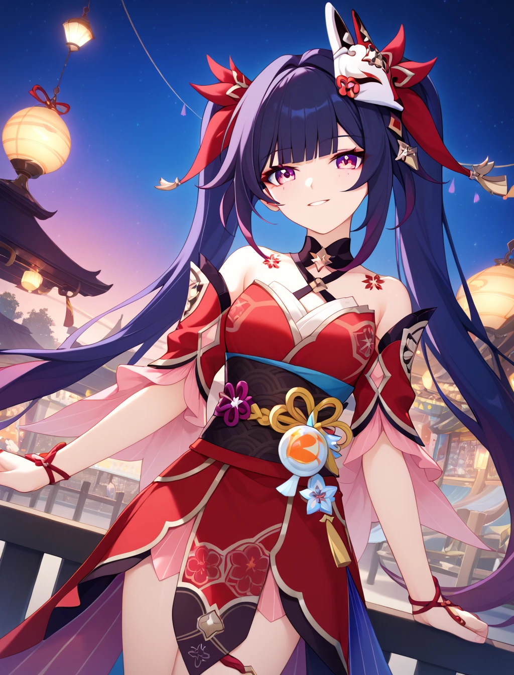   (masterpiece, best quality), absurdres, (masterpiece), best quality, game cg,  absurdres, anime style, newest, score_9_up, score_8_up, score_7_up, score_6_up, score_5_up, score_4_up, score_3_up BREAK (masterpiece, best quality), absurdres, long eyelashes,  BREAK   <lora:Sparkle_Honkai_Star_Rail:1>,  Sparkle, dutch angle, cowboy shot,   perfect hands,  solo, festival, 