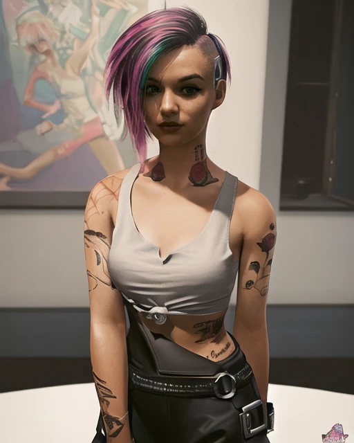 (masterpiece:1.2),(best quality:1.2),(high resolution:1.2) CyberJudy, 1girl, solo, looking at viewer, short hair, asymmetrical hair, undercut, pants, tattoo, tank top, arm tattoo, multicolored hair, pink hair beautiful, cute, delicate, artgerm, artstation, by W, <lora:Judy_Alvarez_SD15:0.7>