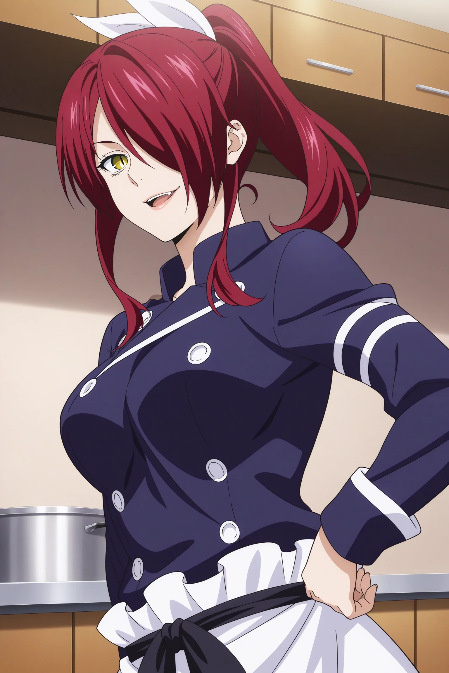 1girl, looking at viewer, indoors, kitchen, masterpiece, best quality, amazing quality, highres, absurdres, very aesthetic, high resolution, ultra detailed, perfect details, smile, smirk, open mouth, medium breasts, kobayashi rindou, long hair, red hair, wavy hair, yellow eyes, hair over one eye, slit pupils, chef, ponytails, white hair ribbon, blue uniform, blue jacket, long sleeves, sleeves past wrists, blue pants, white apron, waist apron, black waist ribbon, black shoes, <lora:Rindou_Kobayashi_ILXL:0.8>, (mature female:1.3), (upper body:1.2), (official_wallpaper:1.5),