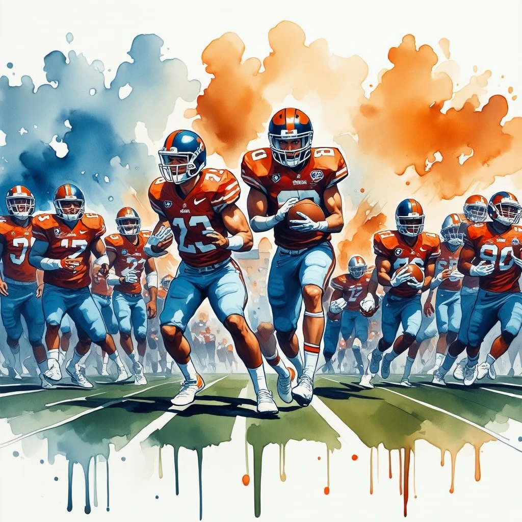 an american football team at kickoff in watercolors