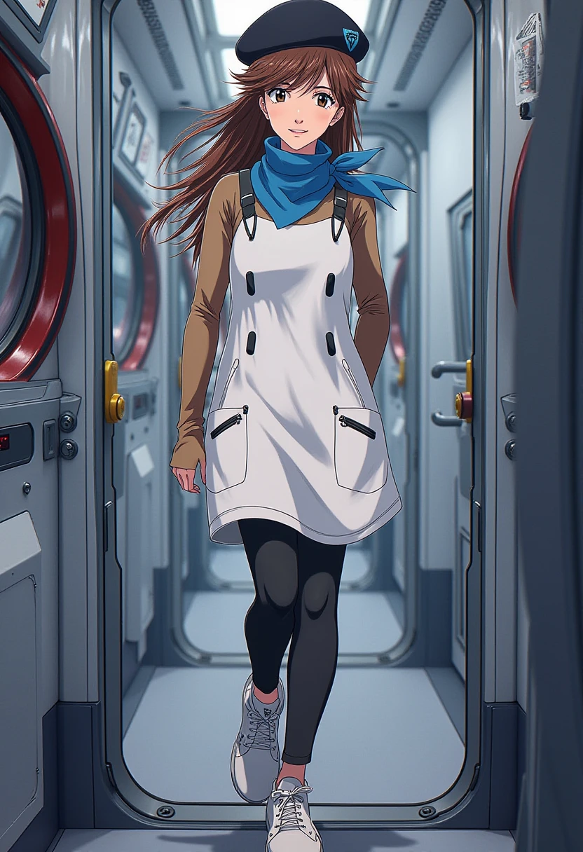 A detailed solo portrait of  suzuhara_sakura 1girl
Anime style, sharp, high contrast and highly detailed.,, 
,
 <lora:evangelion_sakura_suzuhara_flux_v1_2-000006:1>,She is a white tunic-like dress with two front pockets and button details at the hips, over a long-sleeved brown top. The dress has black seam accents that give it a modern, streamlined appearance. She pairs this with black leggings and comfortable white shoes with a small red zipper design. The outfit is completed with a blue scarf around her neck and a black beret, giving her a casual yet chic vibe, with a hint of urban style. The ensemble blends practicality with a relaxed, fashionable look. She is looking at the camera with a smile. She is inside a space ship