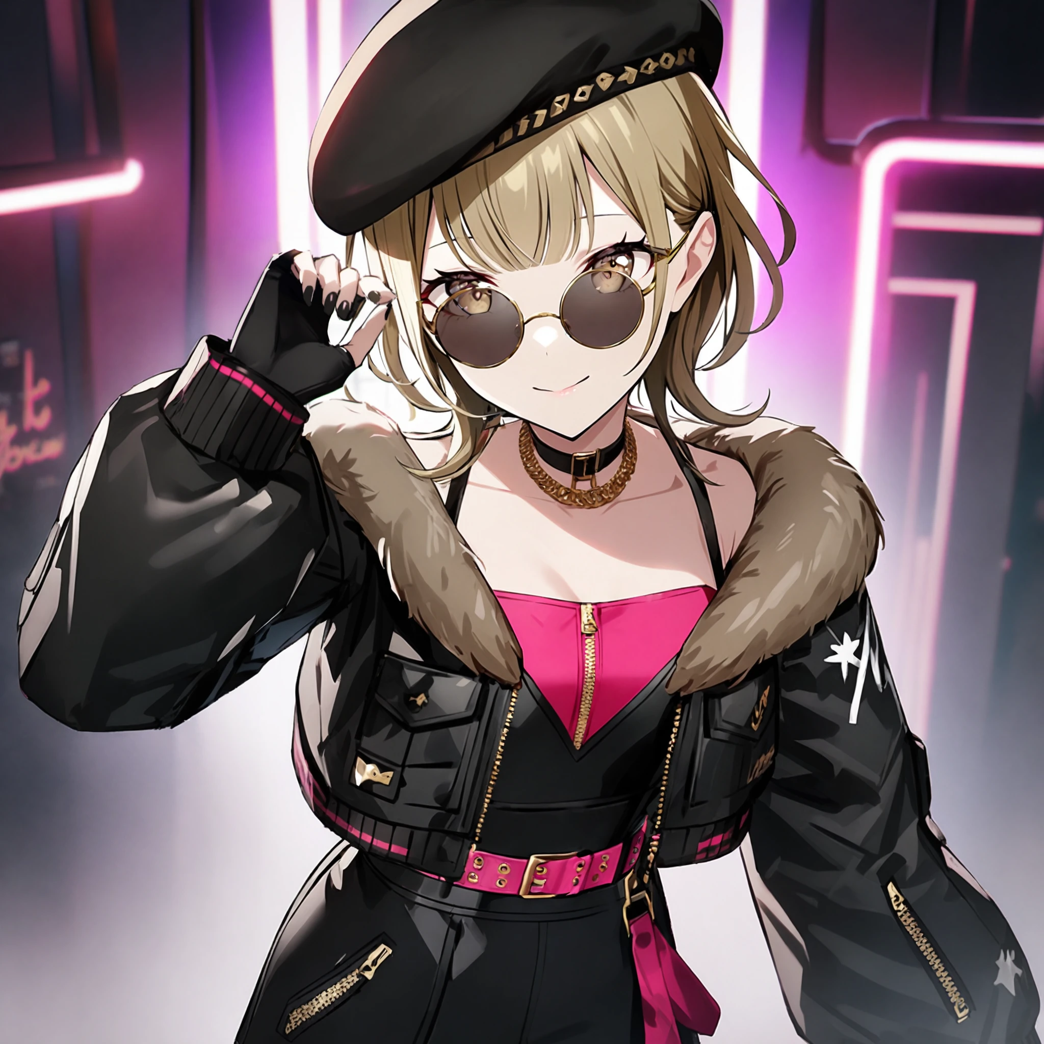 1girl, azusawa kohane, project sekai, masterpiece, very aesthetic, absurdres,
imcatch, blonde short hair, beige eyes, solo, cowboy shot, 
black jacket, choker,  tinted eyewear, round eyewear, black fingerless gloves, pink tube top, pantyhose, torn clothes, torn legwear, long sleeves, fur trim, black headwear, torn shirt, pink belt, nail polish, black nail, BREAK
view straight on, (looking at viewer:1.4), face focus, evil smile,
dark atmosphere, dark, neon light, illumination, table, wine glass filled with lots of jewelry,
 <lora:sdxl-vbs-imcatch02:0.9:lbw=0,0,0.2,0.2,0,0.4,0.4,0,0.8,0.8,0,0,0,0.8,0.8,0.6,0.8,0.0,0.0,0.0,0,0,0,0,0,0>