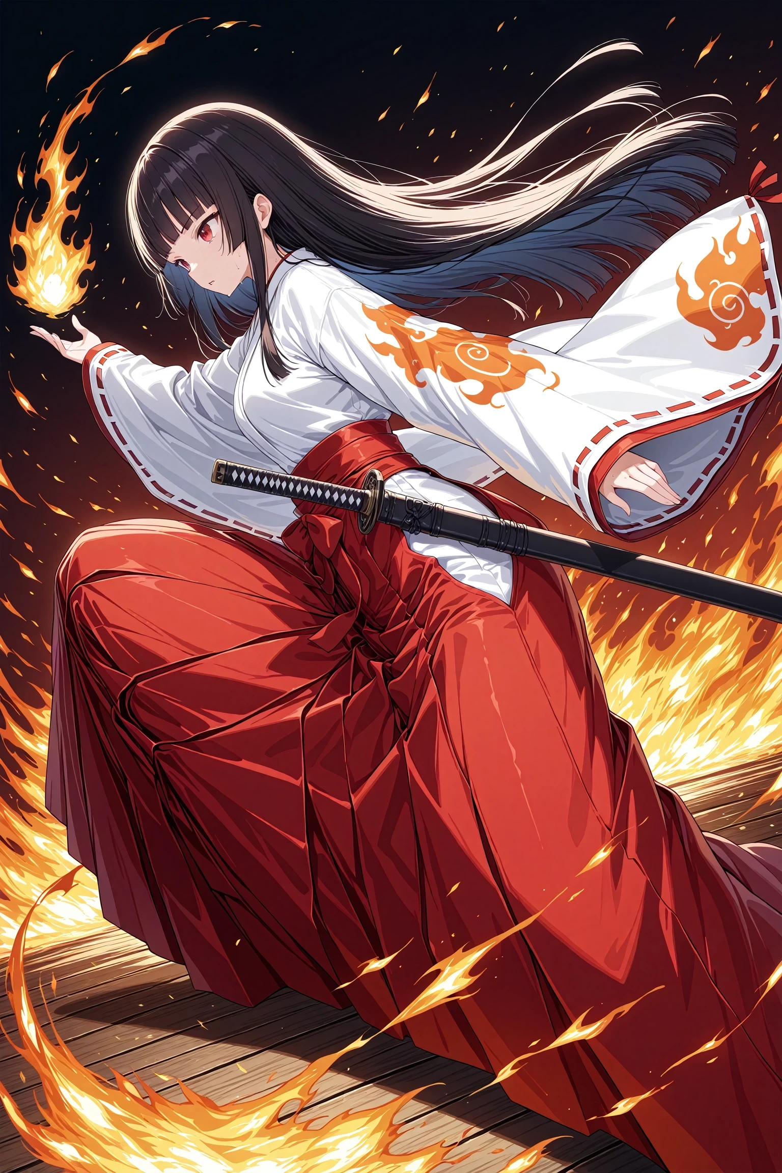 1girl, solo, dynamic angle, dynamic pose, blunt bangs, clothes lift, fire, from side, hakama, hakama skirt, japanese clothes, long hair, long skirt, long sleeves, miko, parted lips, print sleeves, pyrokinesis, red eyes, red hakama, red skirt, samurai, sheath, sheathed, skirt, skirt lift, sleeves past wrists, stance, straight hair, sweat, wide sleeves, masterpiece, best quality