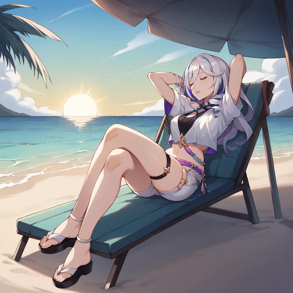 score_9_up, score_8_up, score_7_up, source_anime, 1girl, solo, beach, ocean, sun light, palm tree, sky, clouds, sitting on beach chair, hands behind head, reclining, under umbrella, shadow, closed eyes, sleeping, sandals, feet, from side, full body, parted lips, relaxed, crossed legs, Shariac, DW_Sum, streaked hair, blue hair, blue eyes, white hair, drill hair, long hair, criss-cross halter, colored inner hair, purple hair, drill hair, hair ornament, halterneck, short shorts, white shorts, purple belt, panty straps, black thigh strap, wrist scrunchie, crop top, white shirt, off-shoulder shirt, wristband, dynamic cowboy shot, 