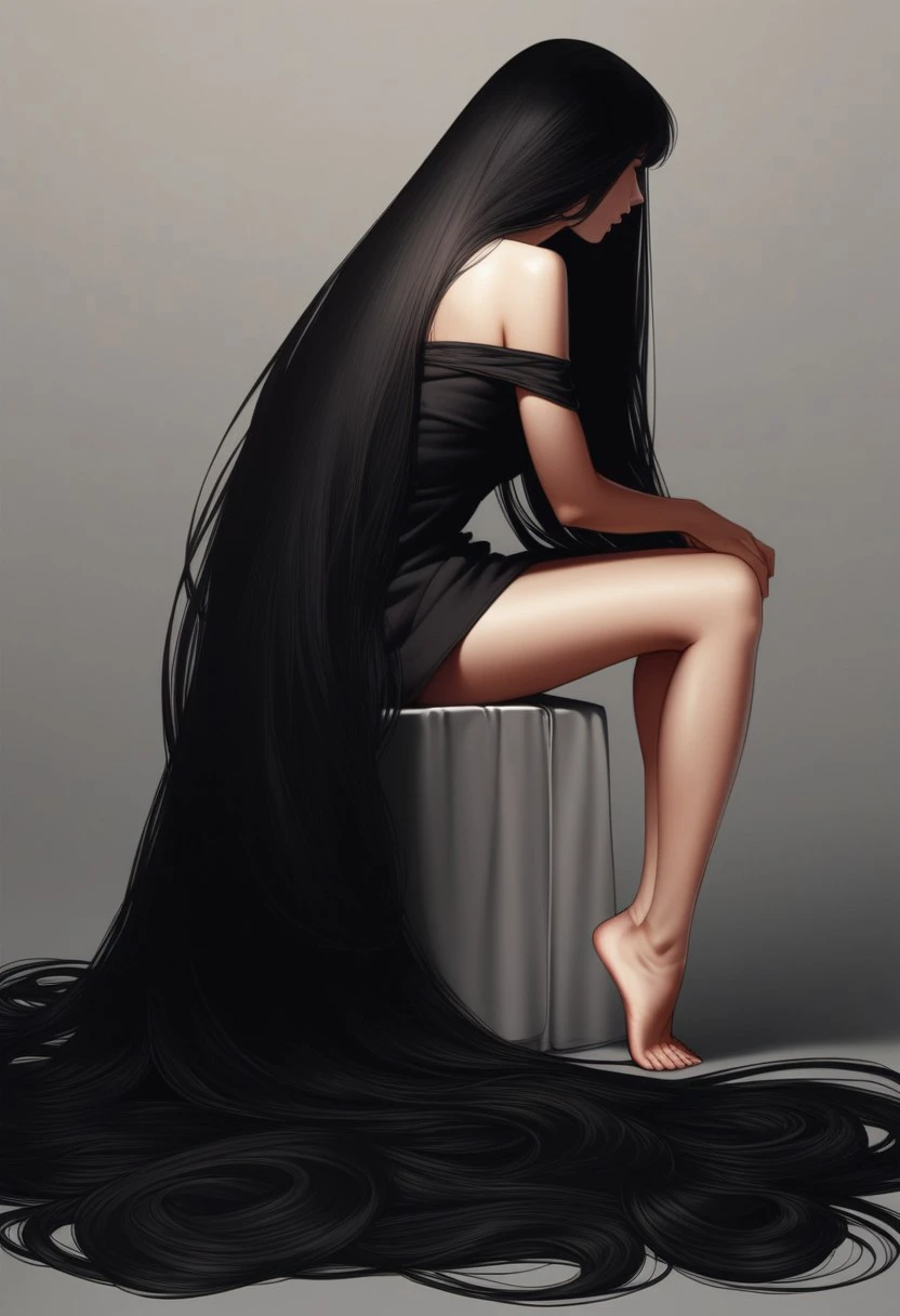 score_9, score_8_up, score_7_up, 
sup3rh41rcr4zy,SuperHairCrazy,
1girl, solo, long hair, breasts, black hair, dress, bare shoulders, sitting, very long hair, barefoot, grey background, off shoulder, black dress, from side, bare legs, profile, shadow