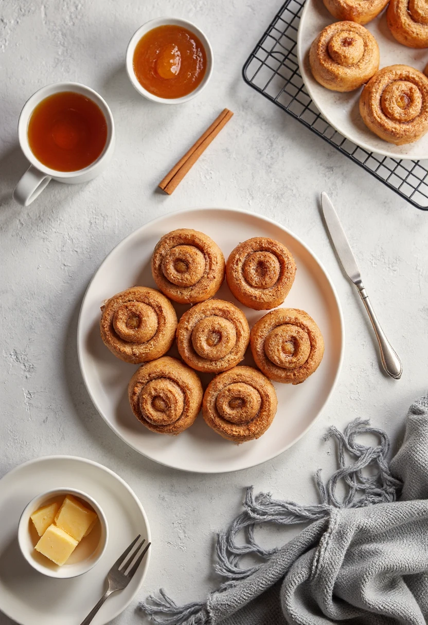 This is a high-angle photograph of a rustic, cozy breakfast setup on a textured, light grey background. At the center, an oval white plate holds nine golden-brown cinnamon rolls with visible sugar crystals. Surrounding the plate are a white ceramic cup with amber tea, a small bowl of orange-brown jam, a silver butter knife, and a black wire rack holding additional rolls. A grey knitted scarf drapes to the right, adding warmth. The overall aesthetic is homely and inviting, with a focus on comforting, homemade baked goods.