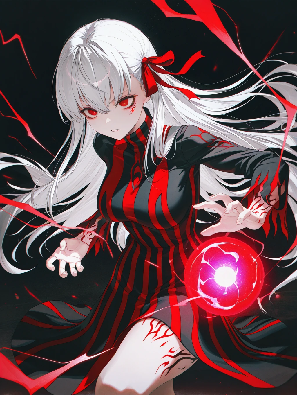 1girl, solo, black background, dark, wanke, z3zz4 Sakura Matou, white hair, red eyes, long hair, hair ribbon, body markings dark persona, corruption, red striped dress, long black dress, turtleneck teeth clenching, focus, serious, dynamic pose, fighting stance, holding dark energy, energy ball, red lightning, 
,masterpiece,best quality,amazing quality,very aesthetic,absurdres,newest,