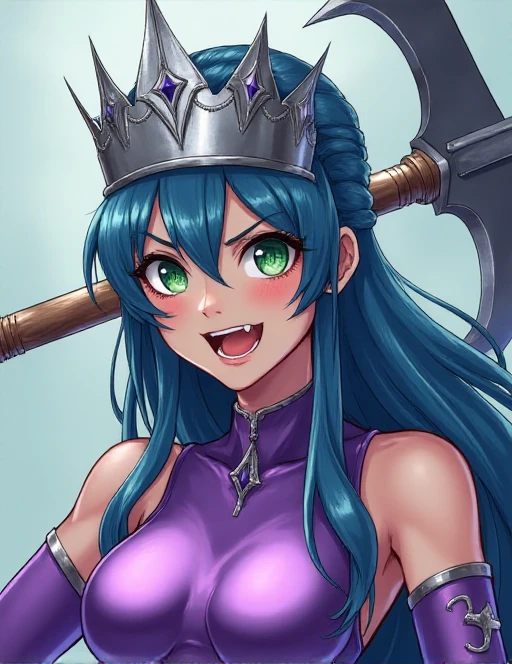 beautiful woman wearing a silver crown, she is wearing a purple shiny leotard, she has a vicious smile, her eyes are jade and her hair are blue, she wields a battle axe, japanese anime style, heroic fantasy, JRPG inspired, <lora:Mana_style_FLUX:1>