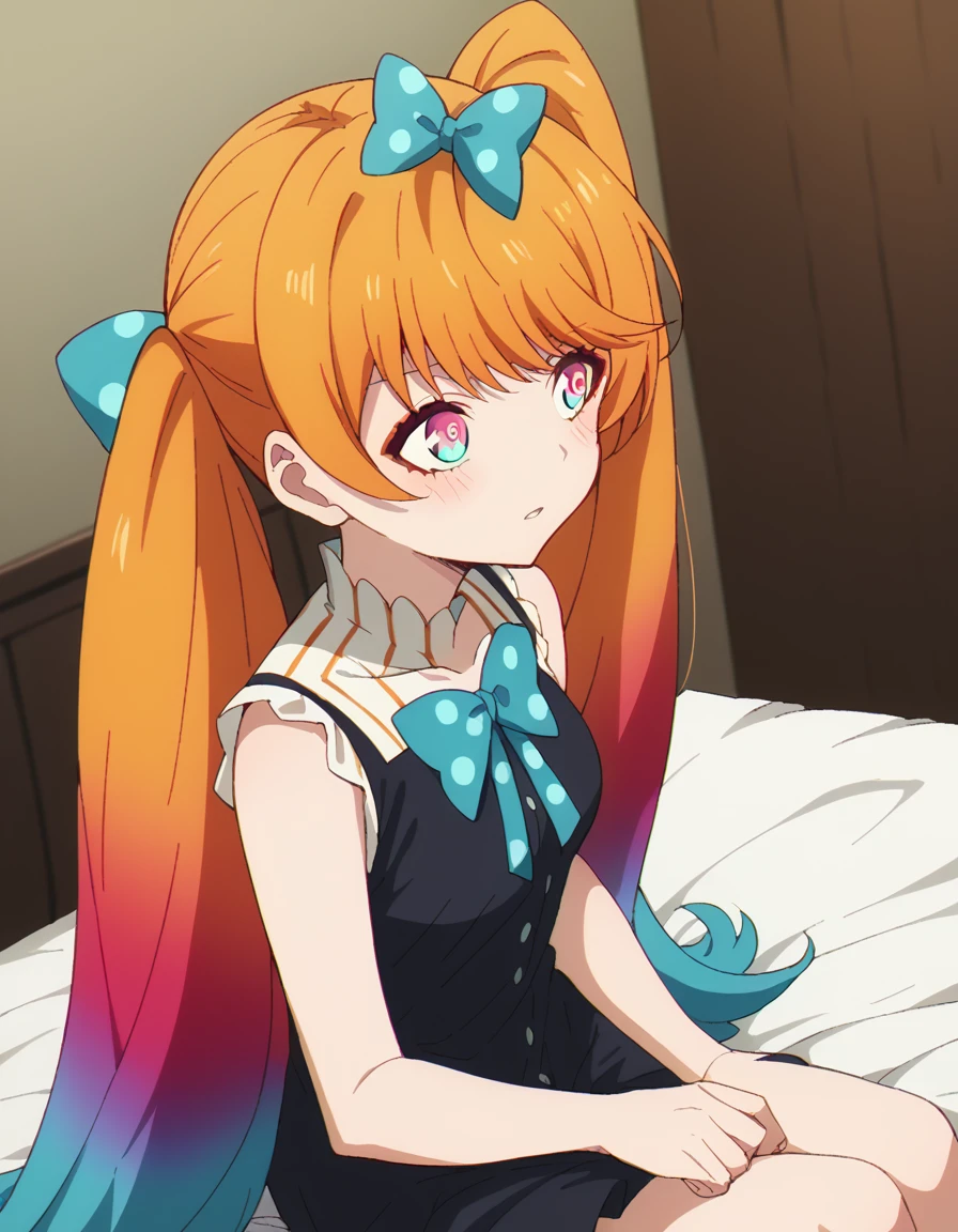 score_9, score_8_up, score_7_up, source_anime, <lora:taktop-titan-s1-ponyxl-lora-nochekaiser:1>, titan, long hair, twintails, very long hair, blue hair, hair bow, multicolored hair, pink eyes, orange hair, gradient hair, blue bow, bangs, multicolored eyes, polka dot bow, medium breasts,, <lora:negligee-ponyxl-lora-nochekaiser:1>, negligee, sleeveless, underwear,, bed, bed room, on bed, wariza, sitting, blush, from side, parted lips, collarbone,, , dutch angle, cowboy shot