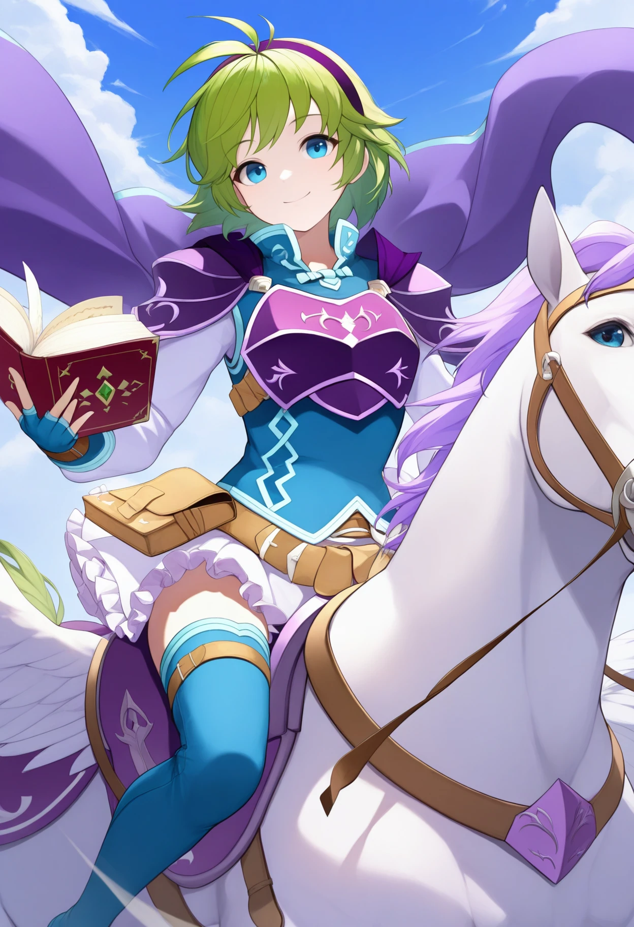 masterpiece, best quality, 1girl, solo, <lora:nino-fe-richy-v1_ixl:1> nin0pf, blue eyes, green hair, short hair, antenna hair, purple hairband, blue shirt, white sleeves, long sleeves, purple breastplate, purple shoulder armor, purple cape, white skirt, brown belt, belt pouch, blue gloves, fingerless gloves, blue thigh boots, horseback riding, pegasus, winged horse, white horse, riding pegasus, airborne, sky, clouds, flying, floating hair, smile, closed mouth, looking at viewer, head tilt, reins, holding book, tome, grimoire, open book