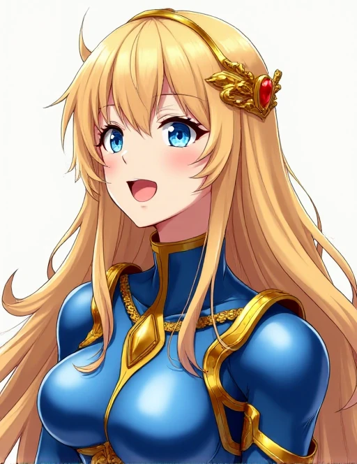 beautiful blonde woman, long hair, she has deep blue eyes, she is wearing a shiny blue armor and a golden circlet, she is laughing, japanese anime style, heroic fantasy,<lora:Mana_style_FLUX:1>