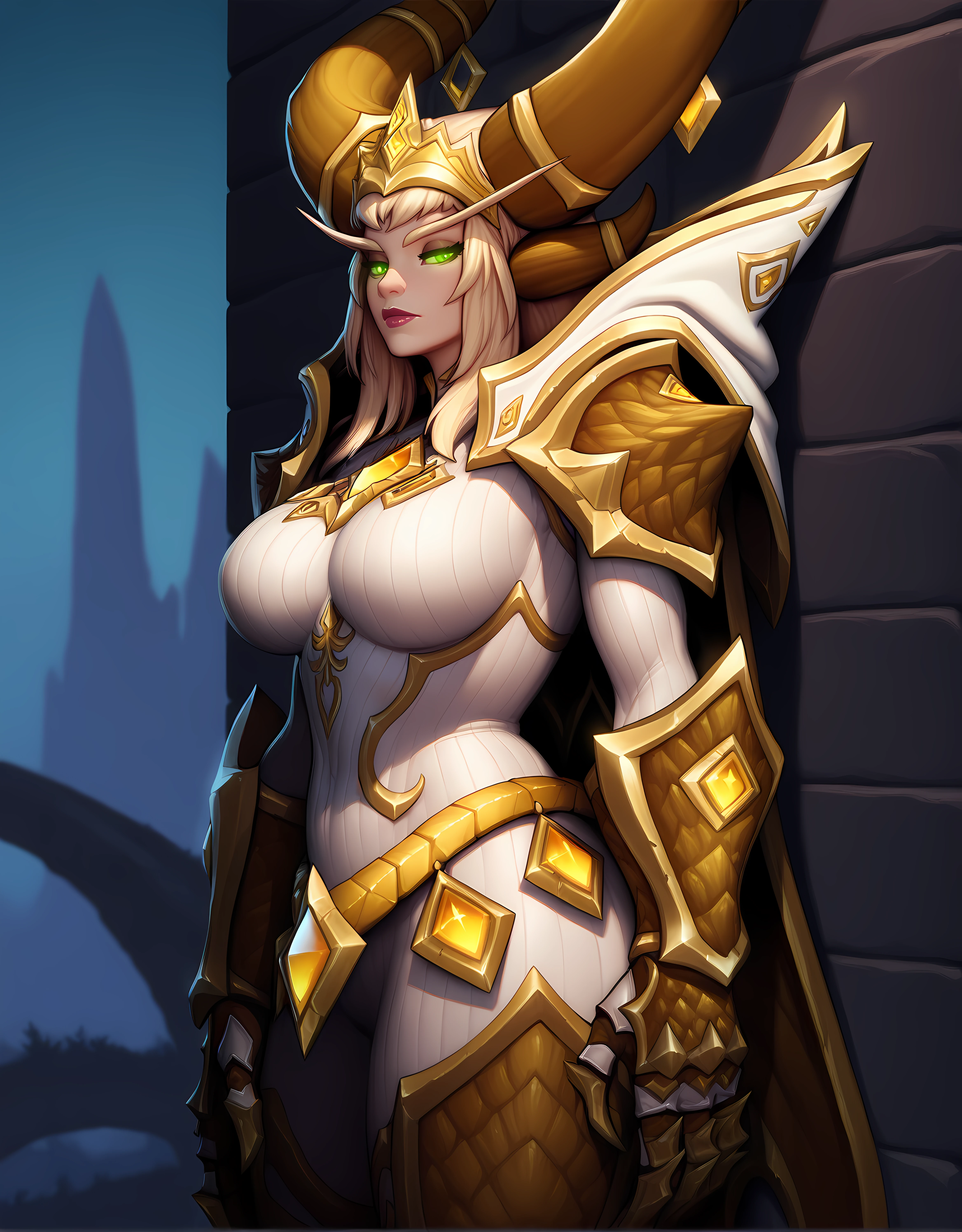 (masterpiece), (best quality),

1girl, solo, standing, cowboy shot, outdoors, night,

AlexDragonAspect, large breasts, green eyes, glowing eyes, blonde hair, magenta lipstick, amber horns, long eyebrows, tiara,
white bodysuit, scale gauntlets,  jewel belt, greaves, 
cowl, white gold cape, scale shoulder pads,

leaning against wall, looking at viewer, hand, disinterested, side view,  half-lidded eyes,