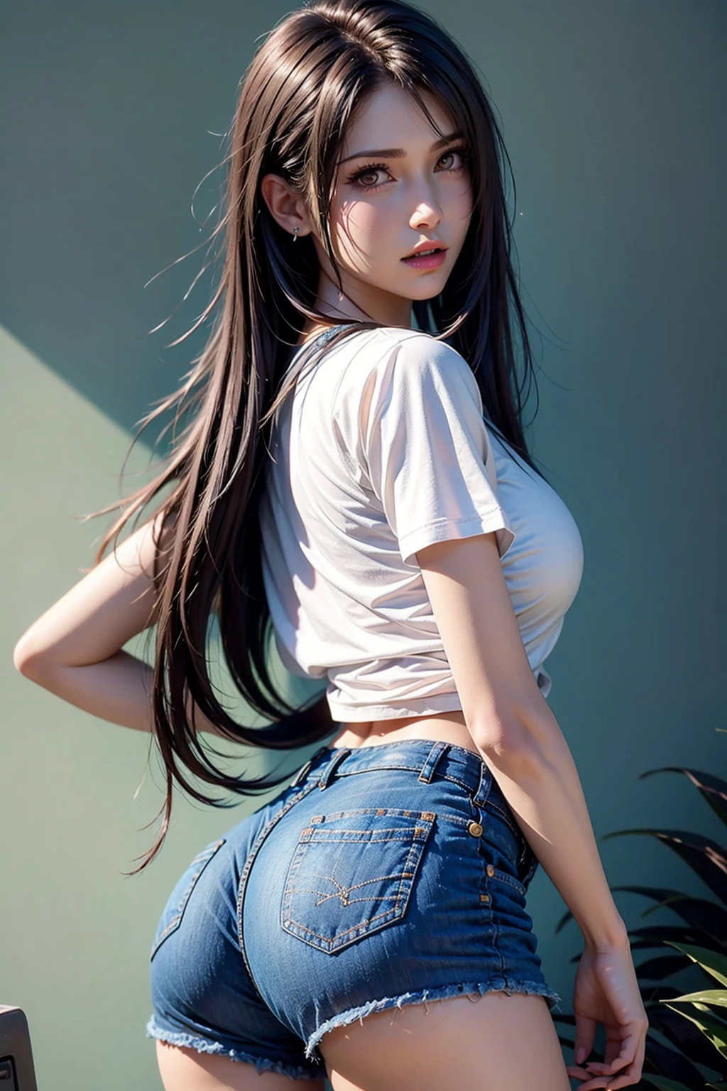 1girl, solo, shorts, denim, ass, denim shorts, long hair, looking at viewer, shirt, indoors, brown hair, looking back, white shirt, short shorts, breasts, standing, short sleeves, from behind, lips, see-through, plant, realistic, cutoffs, brown eyes, thighs, cowboy shot, parted bangs, red lips, bra visible through clothes, parted lips