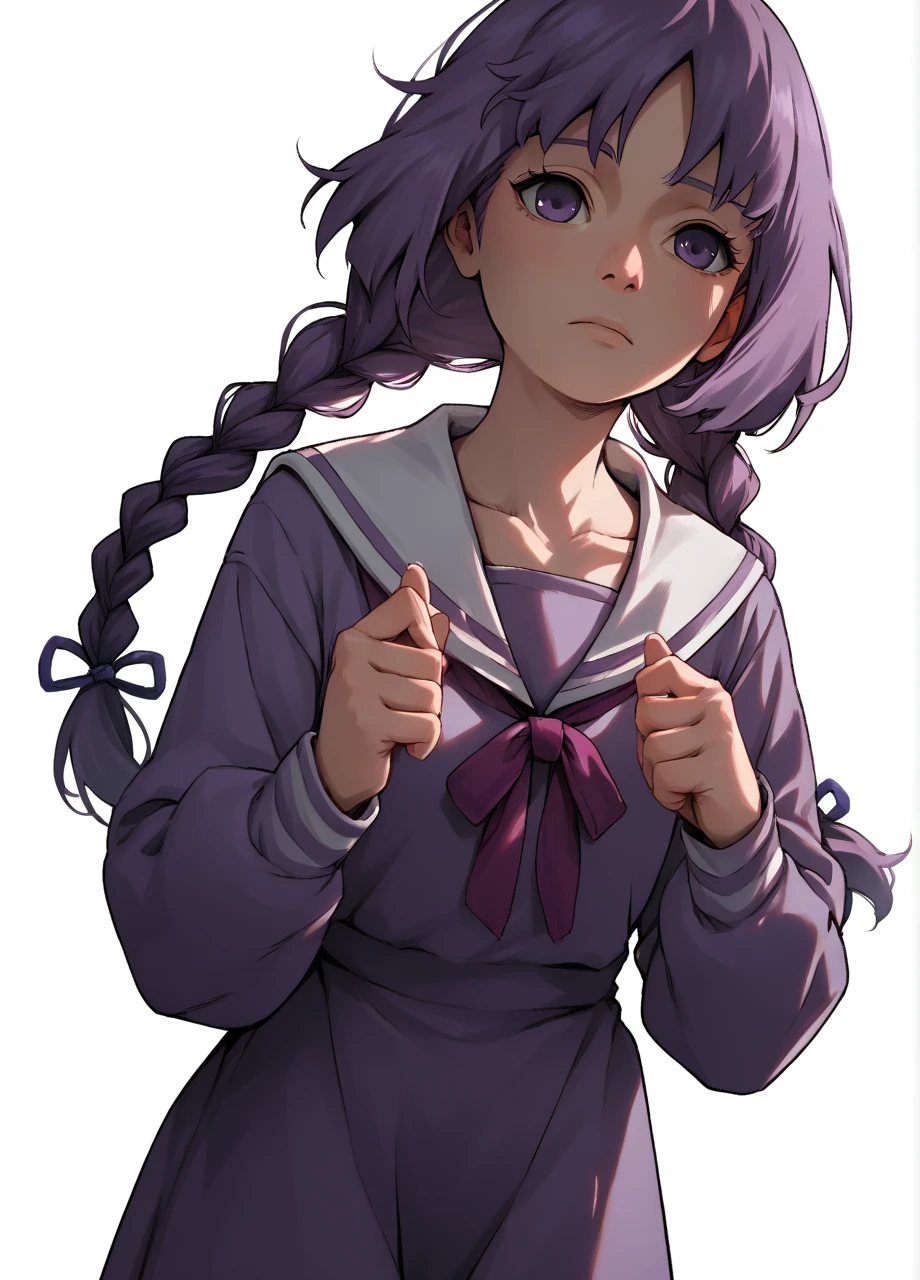 borutosumire, 1girl, purple hair, solo, twin braids, purple dress, collarbone, sailor collar, ribbon, short dress, long sleeves, cowboy shot, white background <lora:Naruto_KakeiSumire-PONY:0.8>, score_9, score_8_up, score_7_up, score_6_up,