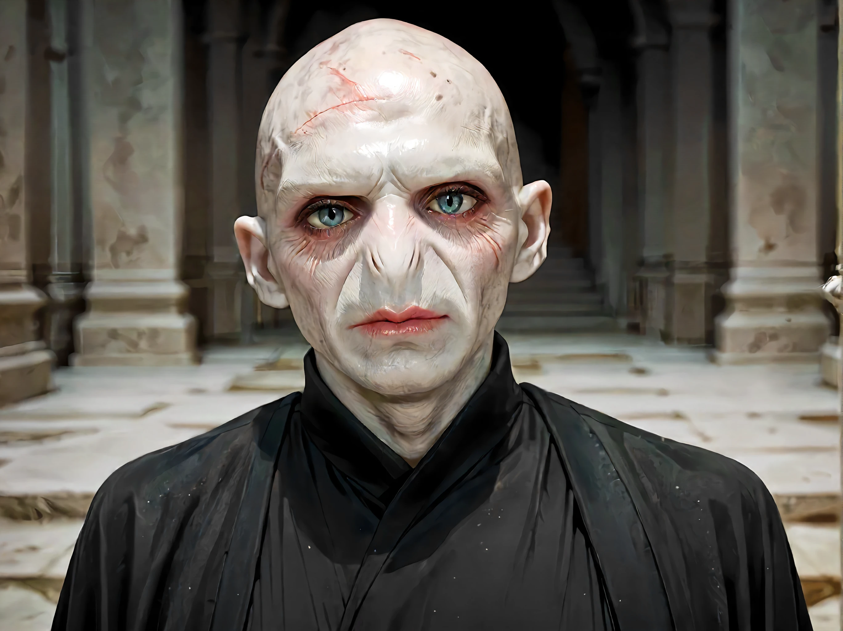 harry potter,Unleashing the Power of the Volcano,cinematic still,bald,slit nose,looking_at_viewer,voldyponyxl,voldemort,(pale bluegrey skin:1.3),alien,black robe,<lora:VoldyPonyXLMerge3:1>,(score_9,score_8_up,score_7_up,score_6_up,score_5_up,score_4_up,rating_explicit),