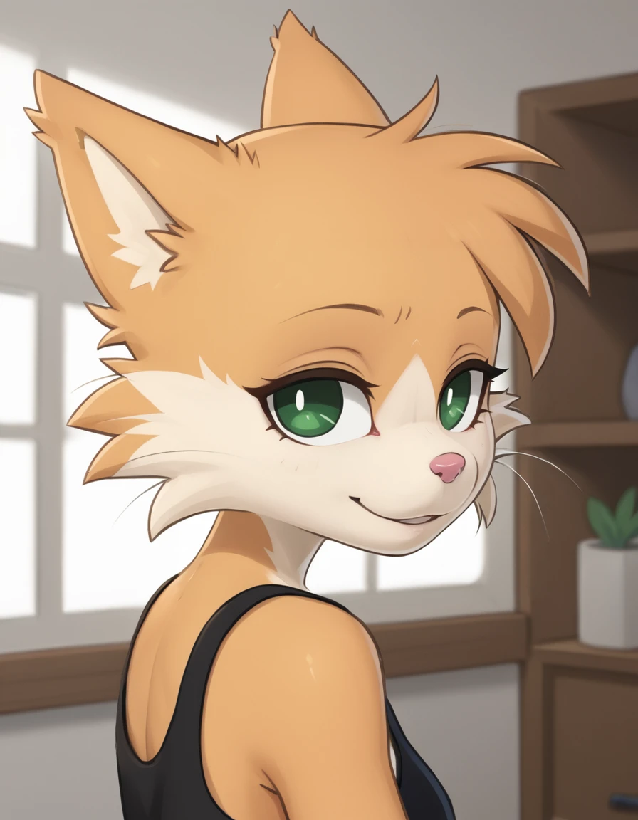 indoors, 
Rolo,1girl,solo,animal ears,furry female,body fur,animal nose,white fur,green eyes,short hair,tail,fox ears,fox girl,two-tone fur,fox tail,orange fur,
upper body, headshot, seductive smile, long eyelashes, parted lips, 
<lora:Rolo_v01_PDXL:1>,