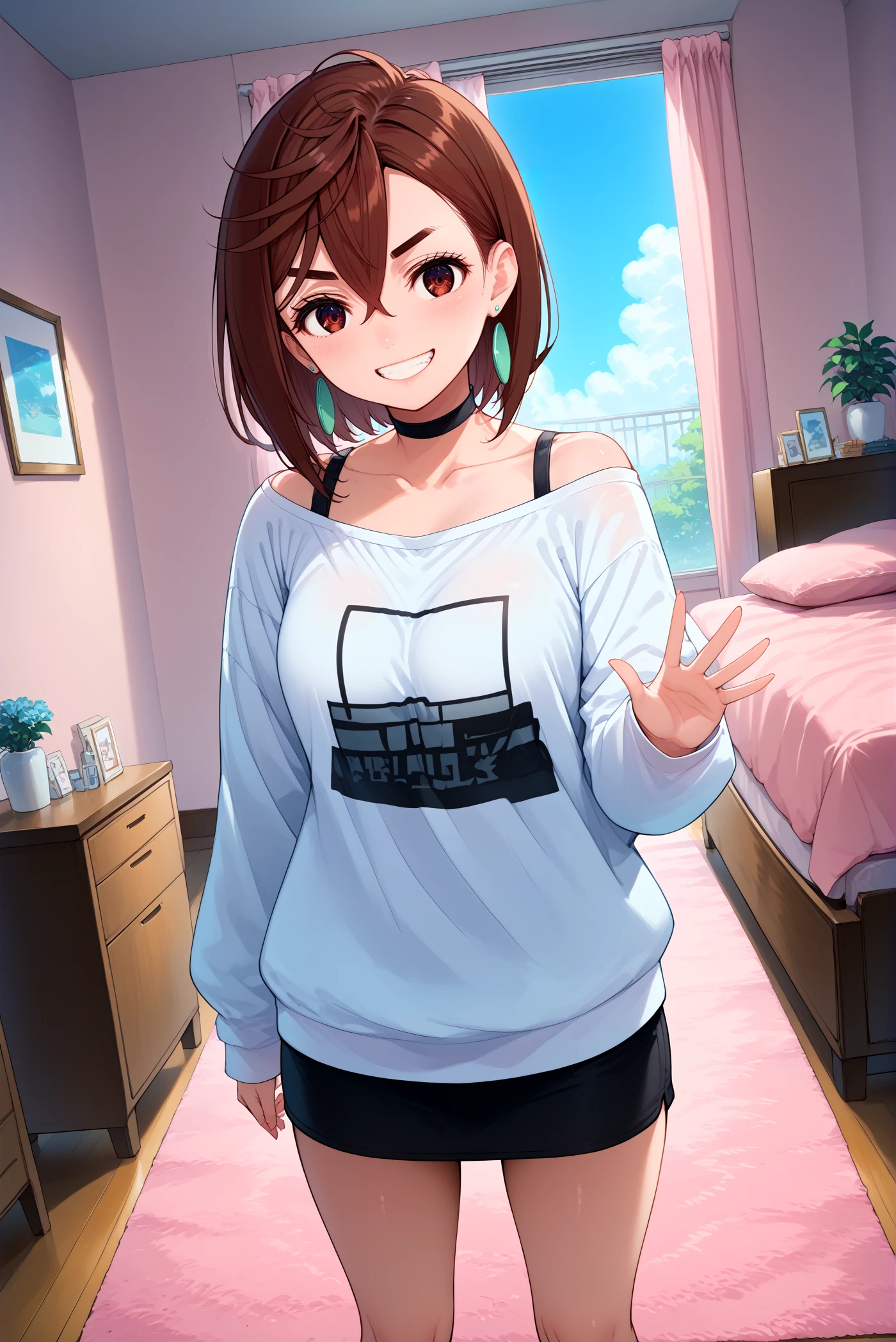 score_9, score_8_up, score_7_up, score_6_up, anime source, anime style,
<lora:P-AyaseMomo:1> 4y453, 1girl, brown hair, earrings, brown eyes, hair between eyes, short hair, thick eyebrows, 
5h1rt, baggy clothes, large shirt, black choker, off-shoulder shirt, white shirt, long sleeves, black skirt, clothes writing, 
looking at viewer, grin, dutch angle, standing, medium breasts, waving, 
girl bedroom, pink carpet, fur carpet, pink wall, windows, blue sky,