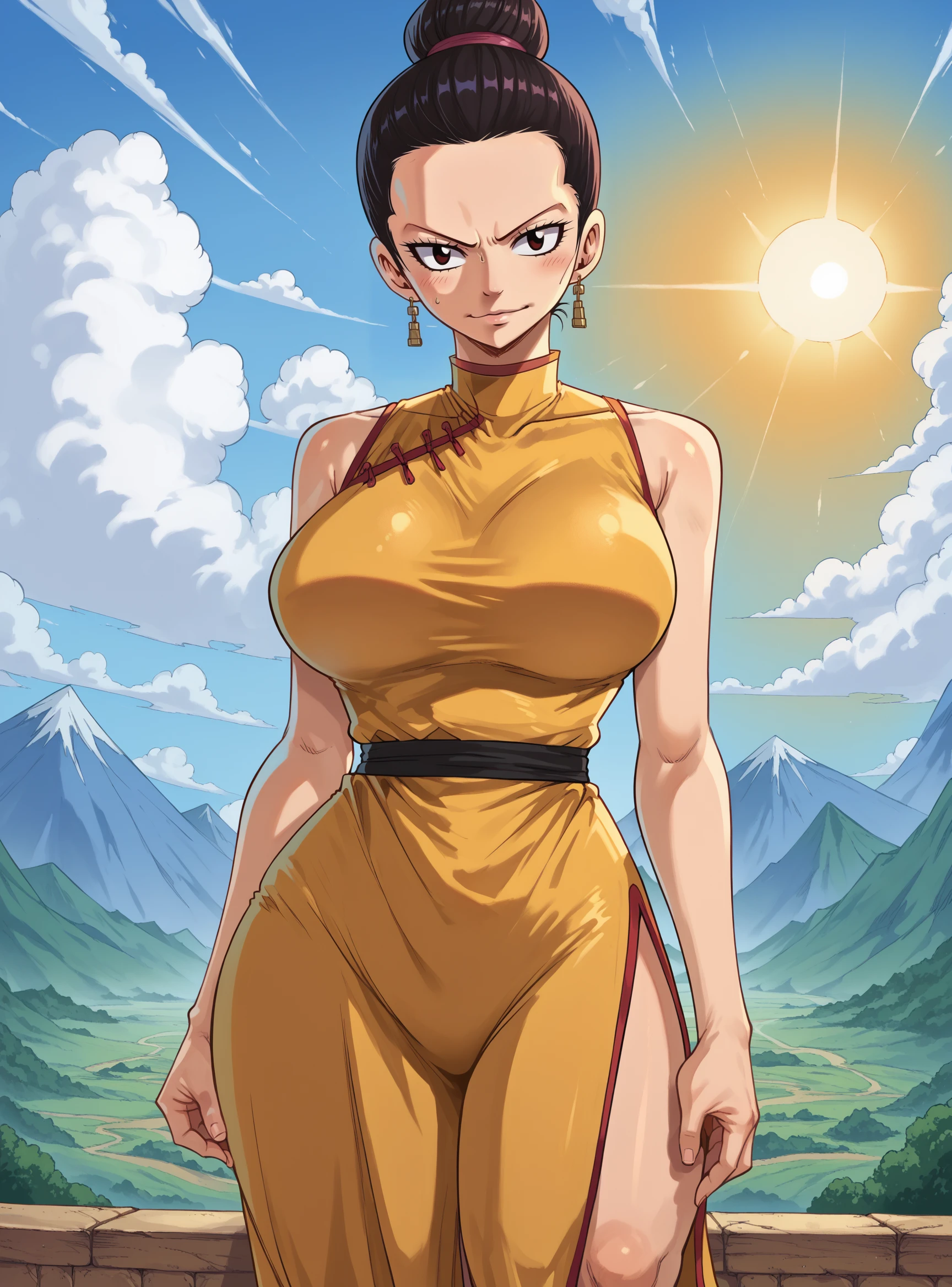 score_9, score_8_up, score_8, score_9, score_8_up, score_7_up,zPDXL2, source_anime,
fairytailxl, 
standing,cowboy shot, cloud,sky, mountain, chines landscape, sun, 
chichixl, 1girl, solo, smile, looking at viewer, large breasts, earrings, hair bun, no bangs, yellow dress, mature female, china dress, side slit,  
<lora:fairytailxl:1>    <lora:chichixl:0.6>