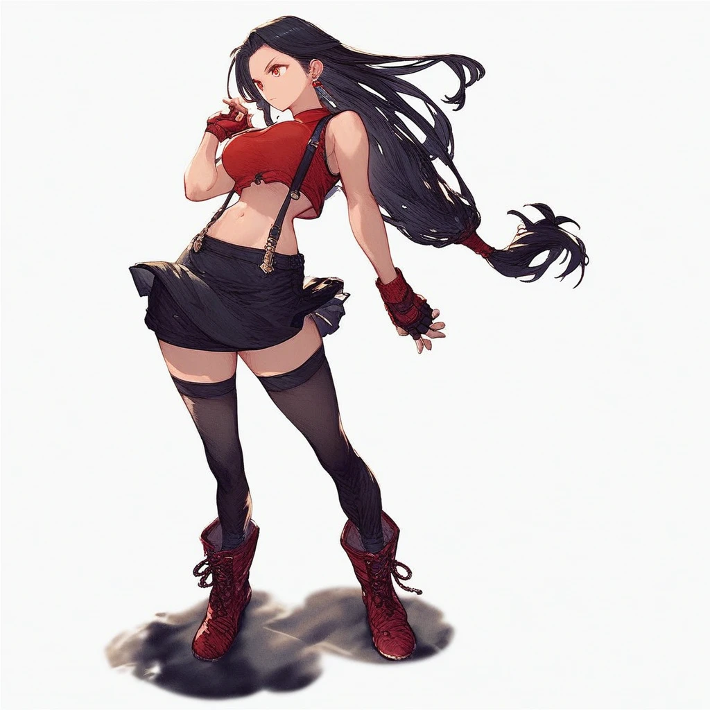 ,score_9, score_8_up, score_7_up,1girl, low-tied long hair, solo, skirt, crop top, suspenders, fingerless gloves, black thighhighs, breasts, navel, earrings, suspender skirt, black skirt, red footwear, black hair, red eyes, full body, jewelry, midriff, adjusting clothes, boots, adjusting gloves, tank top, white background, large breasts, standing, zettai ryouiki,