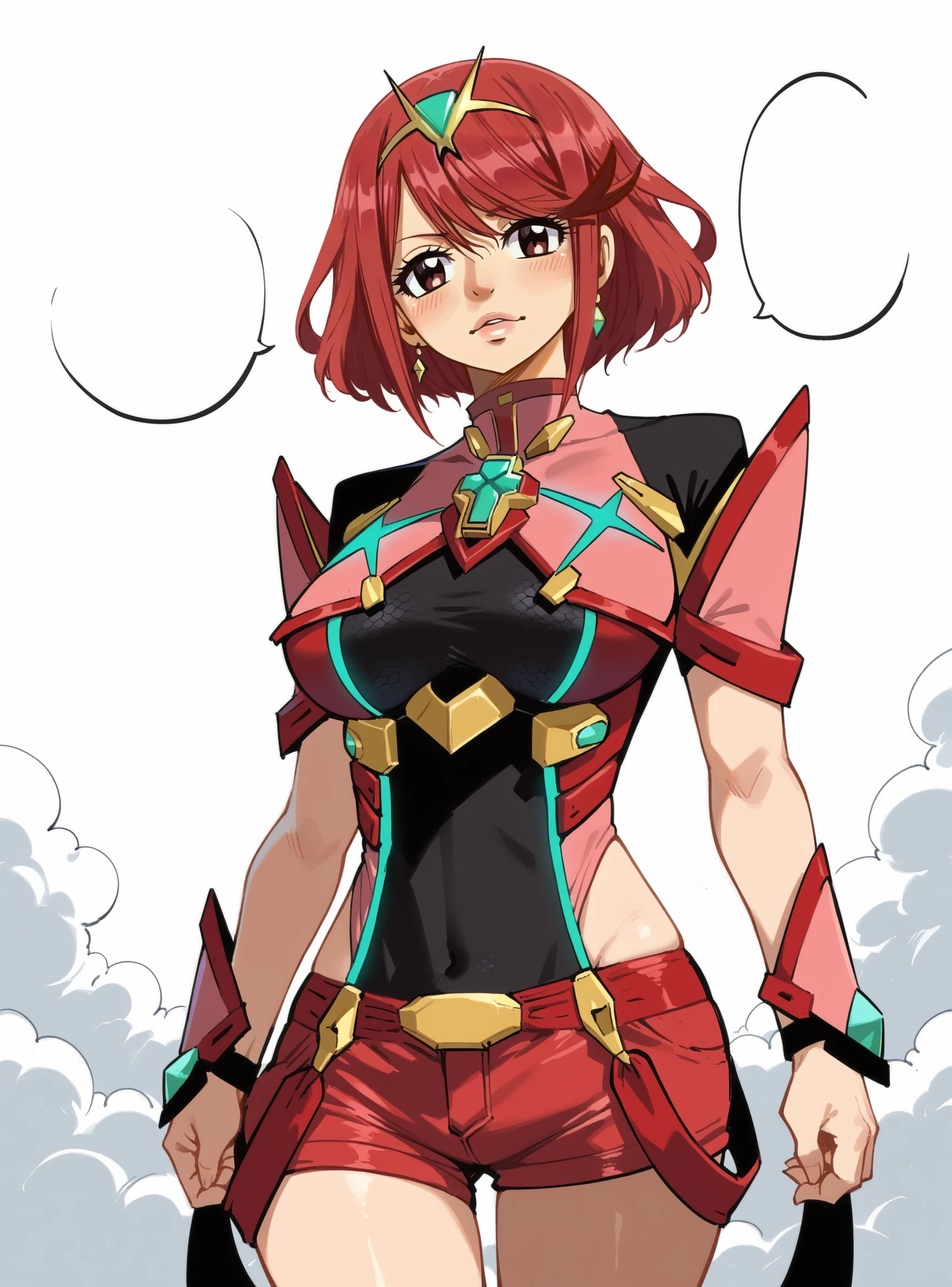 score_9, score_8_up, score_8, score_9, score_8_up, score_7_up,zPDXL2, source_anime,
fairytailxl, 
standing,cowboy shot, white background, cloud,simple background, blank speech bubble, speech bubble,
pyra (xenoblade),red hair, breasts, swept bangs, bangs, short hair, large breasts, tiara, red eyes, 1girl, headpiece, gem, jewelry, earrings, solo, looking at viewer, hair ornament, smile, chest jewel, sidelocks, thighs,v, monochrome, greyscale, lineart, short shorts,
<lora:fairytailxl:1>         <lora:pyraXL_LoRA-C3Lier_AdamW_Dim8_Alpha8_UN-3e-4_TE-1.5e-4_10batch_ponyDiffusionV6XL_v6StartWithThisOne:0.6>