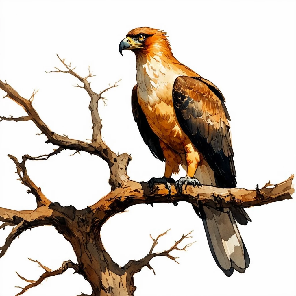 a golden eagle perched on a dead tree branch in watercolors