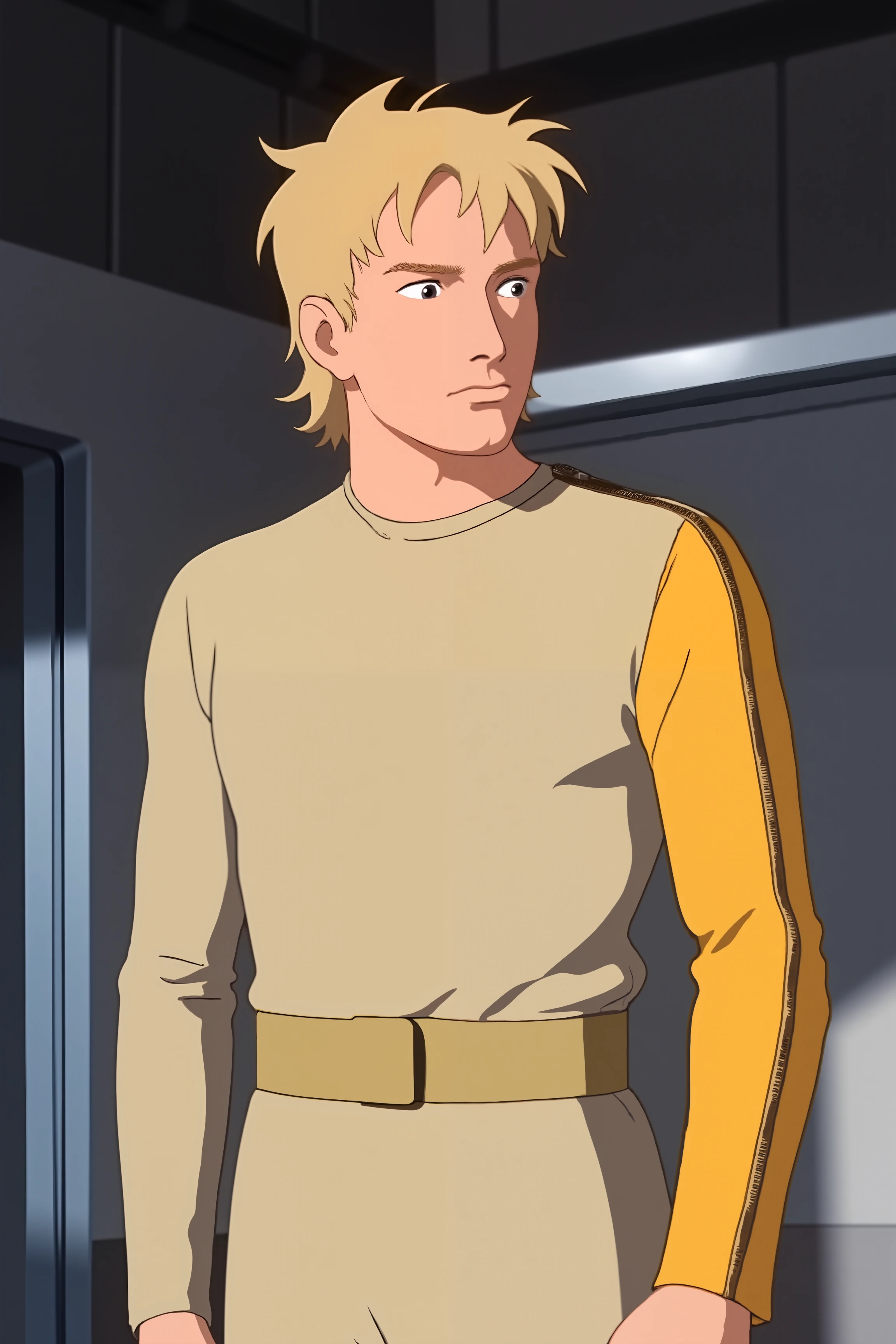 anime,man with messy blond hair in beige s1999unf uniform,yellow left sleeve, standing in a space base<lora:S1999_FLUX>