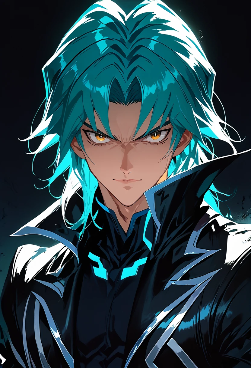 (masterpiece), (best quality), score_9, score_8_up, score_7_up, (masterpiece:1.2), (best quality:1.3), 1boy <lora:Zane_Truesdale_Yu-Gi-Oh:0.8> zane_ygo, aqua hair, black coat, looking at viewer, simple background, portrait, 2000s \(style\), masterful composition, dynamic movement, low light, dark, dim, cinematic lighting, high contrast, rim lighting, ray_tracing, global illumination, glow