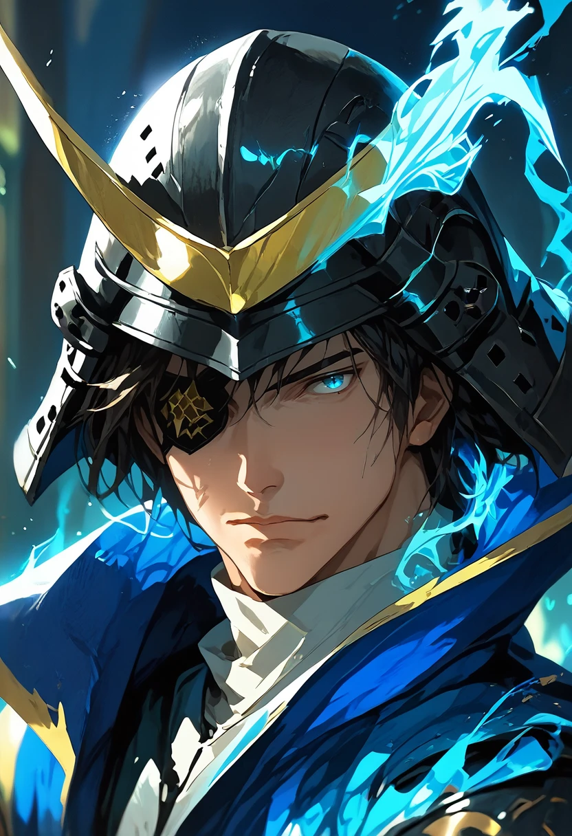 (masterpiece), (best quality), score_9, score_8_up, score_7_up, (masterpiece:1.2), (best quality:1.3), 1boy <lora:Masamune_Date_Sengoku_Basara:0.8> mdate_sgbs, eyepatch, portrait, helmet, facing viewer, blue aura, low light, dark, dim, cinematic lighting, high contrast, rim lighting, ray_tracing, global illumination, glow, masterful composition, dynamic movement