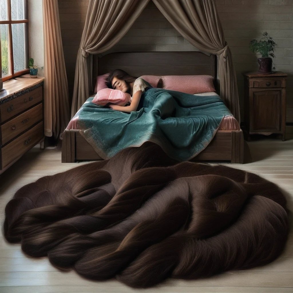 sup3rh41rm1l3s,SuperHairMilesHair,Super Hair Miles Hair, 1girl, solo, long hair, brown hair, black hair, dress, closed eyes, lying, pillow, window, bed, on side, table, sleeping, curtains, realistic, blanket