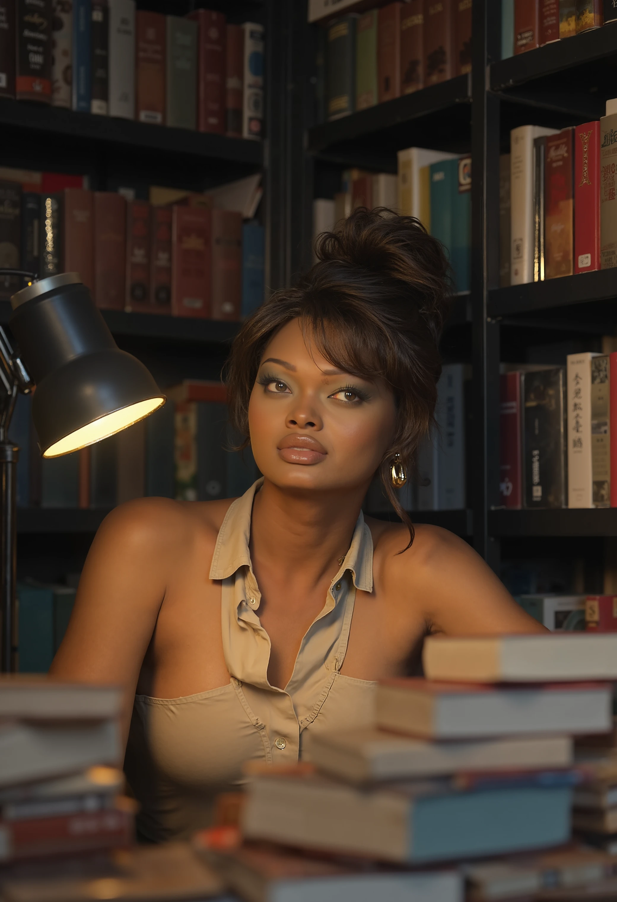 maeya, a woman in a cozy library, surrounded by shelves of books, warm light from a reading lamp, focused expression