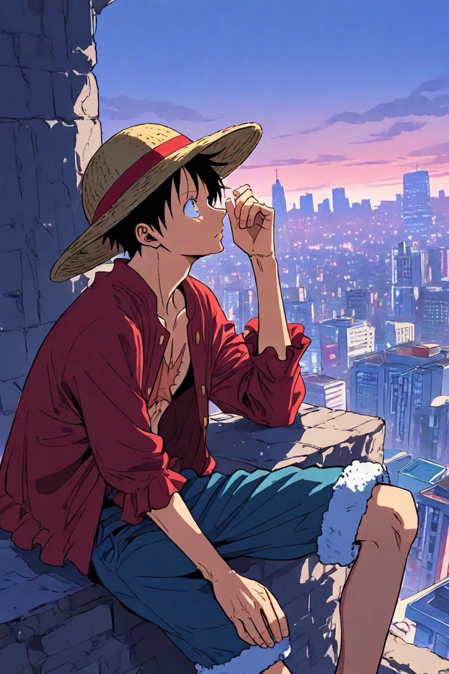 score_9, score_8_up, score_7_up, score_6_up, score_5_up, score_4_up,  <lora:LUFFY_pony_XL:0.6>, Luffy, red jacket, scar on chest, straw hat, black hair, <lora:Lofi_style:0.8>, 1boy, solo, alone, lofi_style, lofi, masterpiece,  highres, cityscape, sitting, from side, looking up