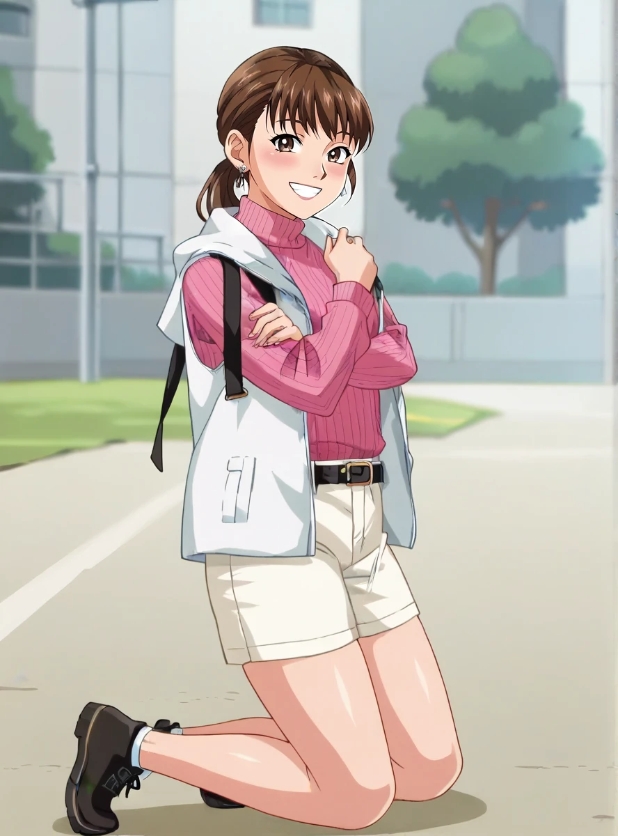 score_9, score_8_up, score_7_up, score_6_up, source_anime, ((anime screencap)), uncensored    (anime coloring), <lora:Mira_Shifuto_Boonboomger:0.7>mirashifutoxl,solo, 1girl, brown hair, smile, shorts, sweater, turtleneck, white shorts, earrings, belt, jewelry, brown eyes, pink sweater, jacket thick thighs,  kneeling,  from side, looking at viewer,  outdoors race_track,thick thighs,