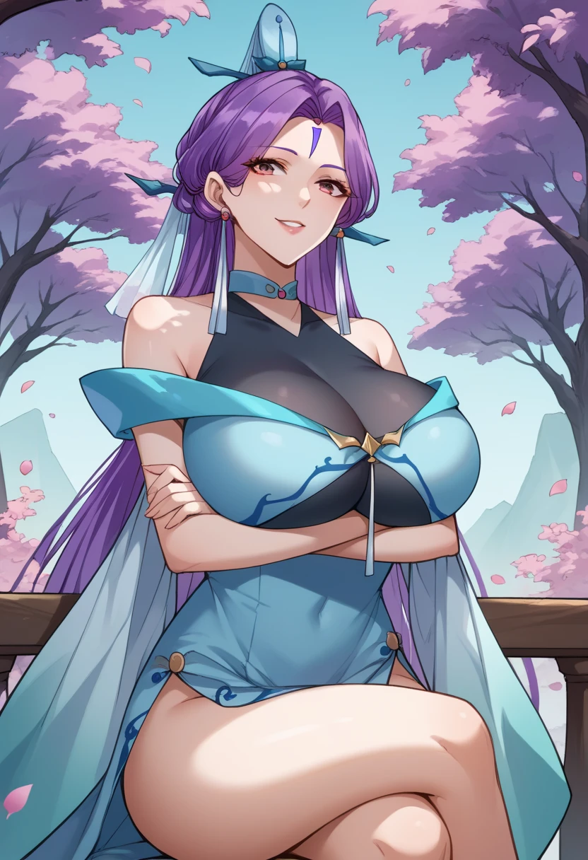 score_9, score_8_up, score_7_up,source_anime,Ningying, Ning dress, purple hair, hair ornament, jewelry, forehead mark, arms_crossed, crossed legs, sitting, huge breasts, smile, purple trees, petals