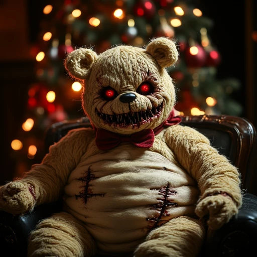 This image is a highly detailed, and elaborate costume. The subject is a character from a horror movie or video game, The image is a high-resolution photograph of a Xmasdemon teddy bear that appears to be in a festive, bloated body with a rough, creating an unsettling effect., is seated in a dimly lit, eerie features. Both dolls have elongated, stitched-up look. The stitching is crude and uneven, nightmarish figure. The creature is a humanoid entity with a face that appears to be a grotesque, photorealistic CGI image of a Xmasdemon grotesque