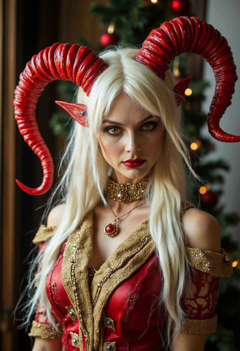 A beautiful XmasDemon Demonic woman with white hair, wearing a red and beige costume with horns on her head, in a fantasy style. The image features Christmas decorations, as if it were a photo shoot for the cover of a fashion magazine. The style is photorealistic, with cinematic lighting, high-resolution photography, professional color grading, sharp focus, intricate details, and a shallow depth of field that highlights the beautiful face.