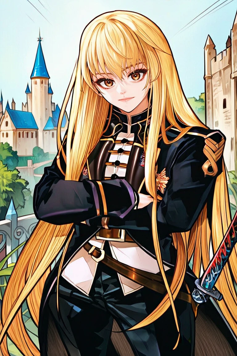 zPDXL3, score_9_up, score_8_up, score_7_up, Anime_source,  1girl, mookhyang, blonde hair, long hair, bangs, long sleeves, very long hair, jacket,cowboy shot, belt, pants, black pants, sword ,  brown eyes, looking at viewer, Castle background, outdoor