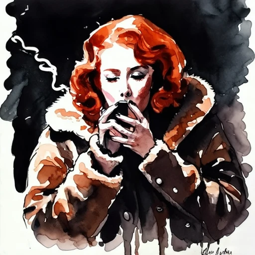 watercolor painting rendered in a loose, impressionistic style with thick, expressive brush strokes. It depicts a red haired woman smoking wearing a fur coat. the background is black, and she is covered in darkness. close-up.