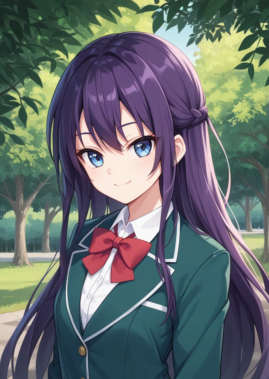 score_9, score_8_up, score_7_up, score_6_up, score_5_up, BREAK
Alm4, Human, female, source_anime, 1girl, solo, long hair, looking at viewer, smile, blue eyes, shirt, bow, school uniform, jacket, upper body, purple hair, red bow, tree, green blazer